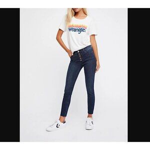 Free People Reagan Raw Hem Skinny Jeans Dark Wash Button Front Size 30W